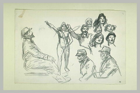 Soldat assis, femme nue coiffée d'un bonnet, têtes d'hommes et de femmes, image 1/1