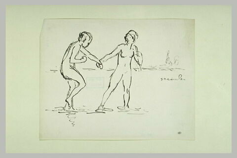 Deux jeunes femmes nues, se tenant par la main marchant dans l'eau, image 1/1