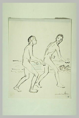 Deux garçons nus courant au bord de l'eau, image 1/1