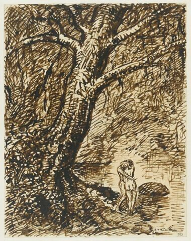 L'heureux moment : couple nu, debout, enlacé sous des grands arbres, image 1/2