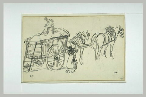 Sur une carriole tirée par deux chevaux, un paysan tasse du foin, image 1/1