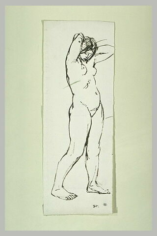 Femme nue, debout, mains derrière la nuque, image 1/1