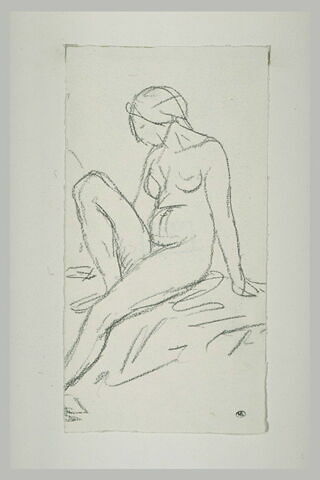 Etude de femme nue assise sur un lit, le genou droit replié