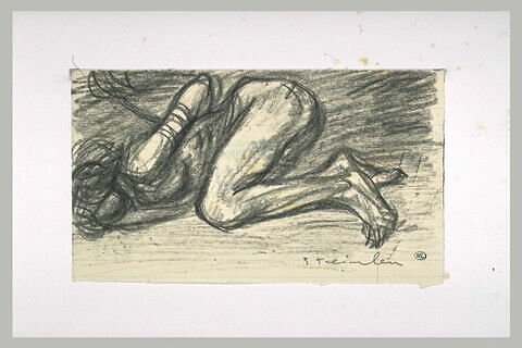 Etude de femme nue, étendue sur le sol, mains derrière le dos, image 1/1