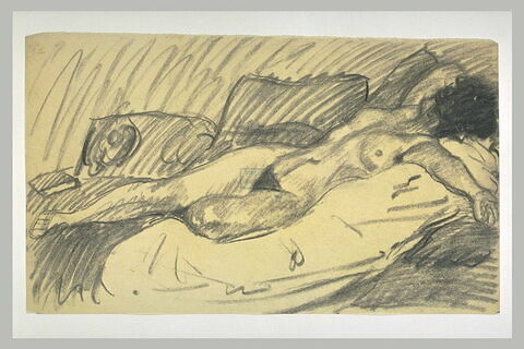Etude de femme nue, couchée sur un lit, le genou gauche sous la jambe droite