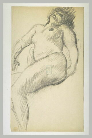 Etude de femme nue, vue de bas en haut, à demi-étendue, image 1/1