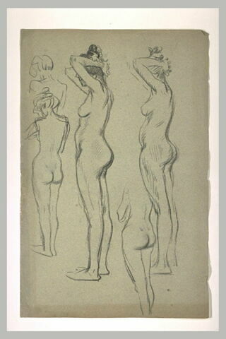 Quatre femmes nues, vues de dos, deux d'entre elles se coiffant