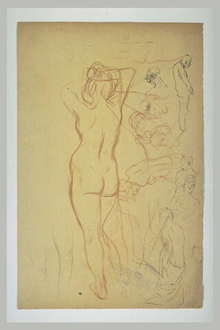 Femme nue, debout, de dos, se coiffant et divers croquis de femmes nues