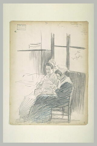 Deux femmes cousant, assises devant une fenêtre, image 1/1
