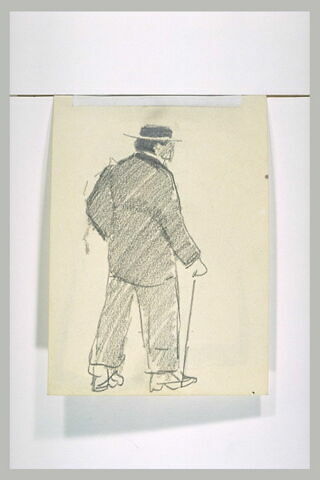 Homme coiffé d'un canotier, marchant vers la droite, vu de dos, image 1/1