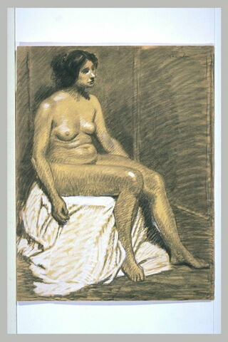 Femme nue, assise sur un tabouret recouvert d'un linge blanc, image 1/1
