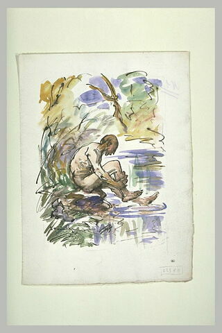 Baigneur nu, assis au bord de l'eau, se lavant les pieds, image 1/1