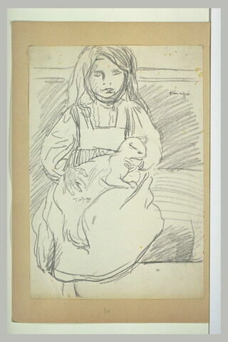 Fillette assise tenant un chat sur ses genoux, image 1/1