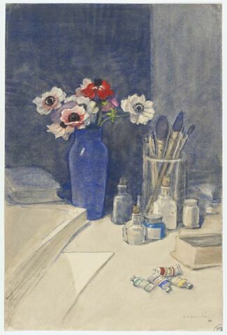 Nature morte avec quelques livres et des tubes de couleurs, image 1/2