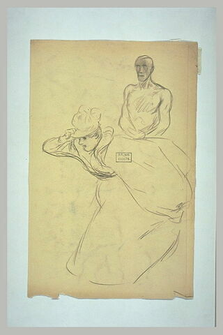 Femme s'enfuyant en tenant son chapeau, et buste d'homme nu, image 1/1