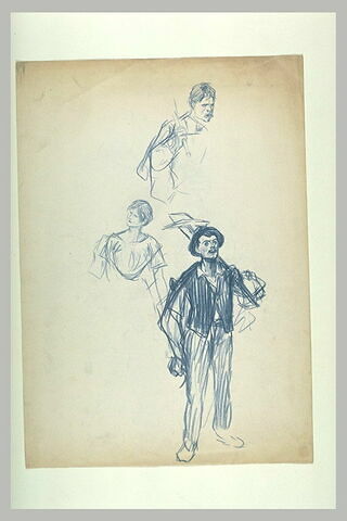 Ouvrier portant une pelle et une pioche sur l'épaule, homme et femme