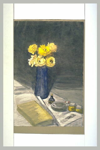 Nature morte avec un bouquet de fleurs jaunes dans un vase bleu, image 2/2
