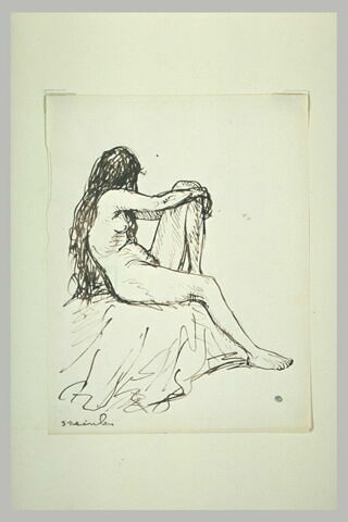Femme nue aux longs cheveux défaits, assise
