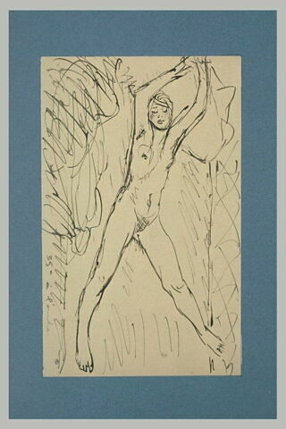 Femme nue, étendue sur un lit, jambes écartées, image 1/1