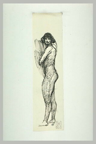 Femme nue, debout, la tête de face, le corps de profil à gauche, image 1/1