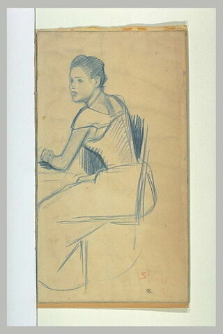 Jeune fille en cotillon, assise à une table