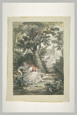 Le Poirier enchanté : homme sur un poirier contemplant un couple d'amoureux, image 1/1