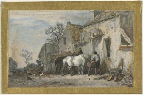 Hommes et chevaux à l'abreuvoir dans une cour de ferme, image 1/2