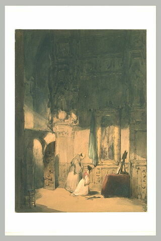 Femme en prières, avec un moine, dans une église
