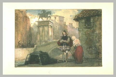 Jeune homme en habit Renaissance, à Venise, auprès d'une mendiante