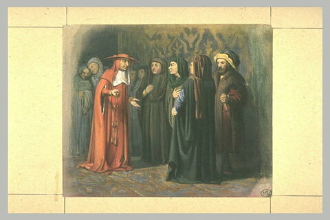 Cardinal s'entretenant avec des gentilhommes en costumes du Moyen Age, image 1/1