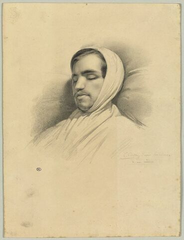 Buste d'un homme, la tête entourée d'un bandage, reposant sur un oreiller