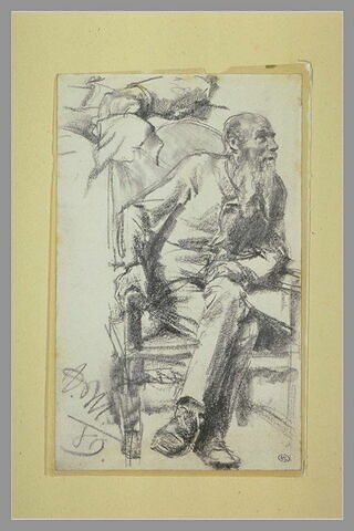 Portrait d'homme assis dans un fauteuil et reprise d'une main