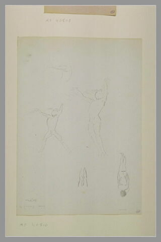 Hommes nus, les bras levés; enfant nu vu de dos, jambes