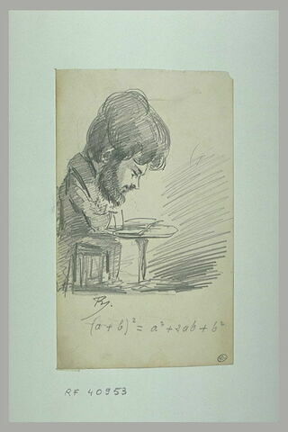 Caricature d'un homme assis devant une table ronde, lisant