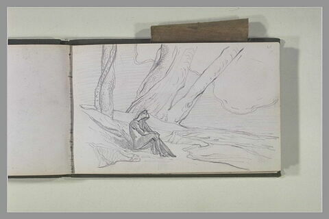 Figure assise, la tête penchée, au pied d'un groupe d'arbres, image 1/1