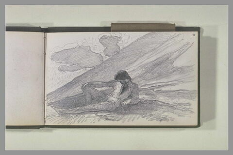 Homme nu, à demi-allongé sur la pente d'une montagne sous un ciel nuageux, image 1/1