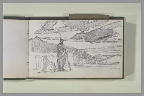 Figure tenant une lance, debout sur une terrasse, et paysage montagneux, image 1/1