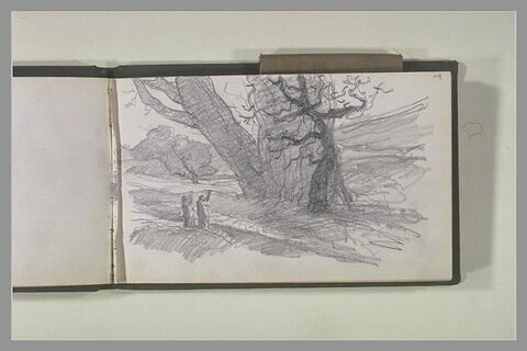 Deux figures au pied d'un groupe d'arbres