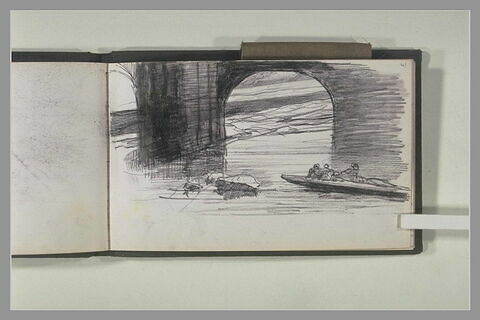 Trois personnages dans une barque, devant l'arche d'un pont, image 1/1