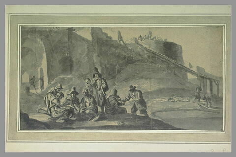 Un groupe d'hommes jouant aux cartes sous les murailles d'une cité