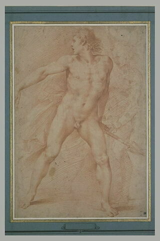 Homme nu, marchant, une lance dans la main gauche, et autre figure esquissée, image 2/2