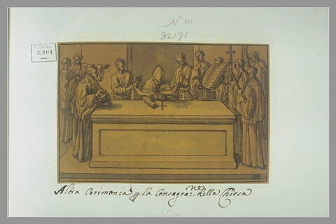 Consécration de l'église : l'évêque trace une croix sur la table d'un autel
