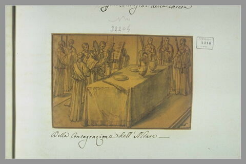 Consécration d'un autel : l'évêque dit des prières devant une table, image 1/1