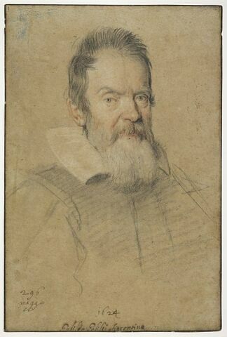 Portrait de Galilée : en buste, cheveux courts, barbe blanche et moustaches