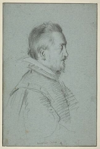 Portrait d'Antonio Casone : cheveux relevés, moustache et royale