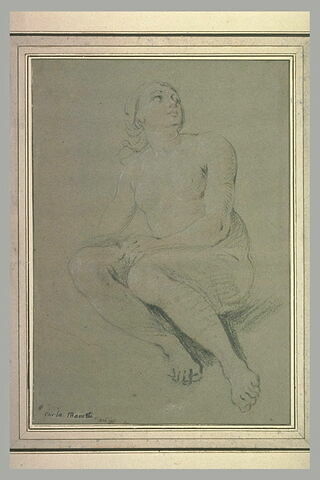 Femme nue, assise, de face, regardant vers le haut