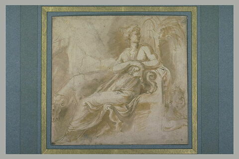 Femme assise sur un trône entre un bélier et un lion, image 2/2