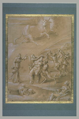Sous un énorme taureau dans le ciel, scène de bacchanale avec Silène soutenu par des satyres