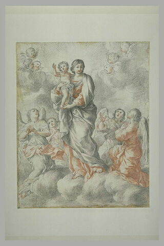 La Vierge sur les nuages tient l'Enfant debout sur son épaule