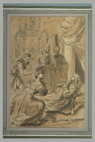 Mort d'une sainte étendue sur un lit, entourée de quatre figures, image 1/1